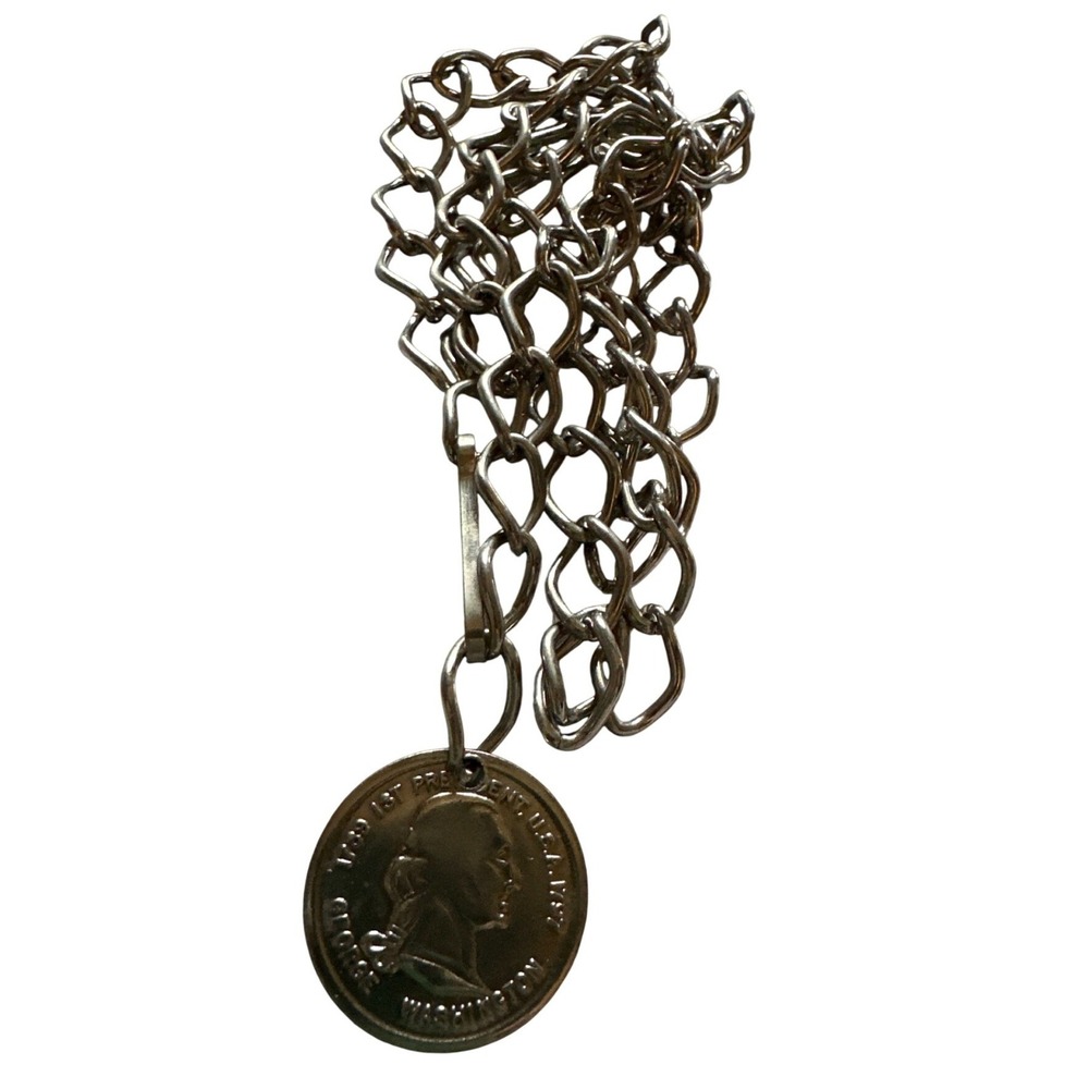 George Washington Commemorative Coin‎ Pendant Necklace Silver Tone Chunky Chain